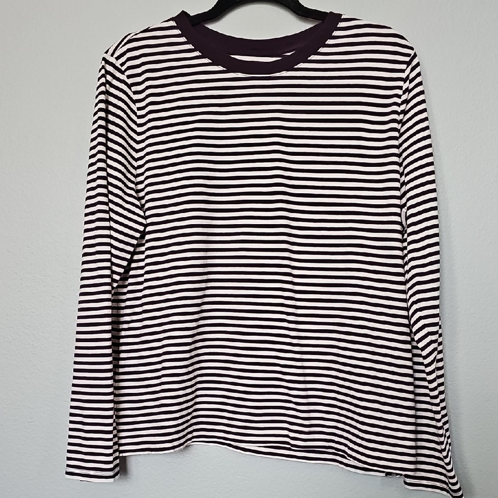 LOFT XXL Eggplant Plum Purple and White Striped Long Sleeve Cotton Top